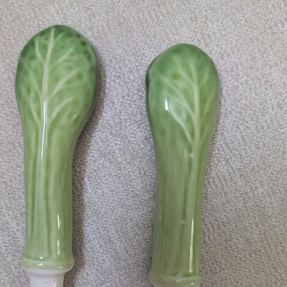 Green and White Ceramic Cabbage Handle Salad Servers